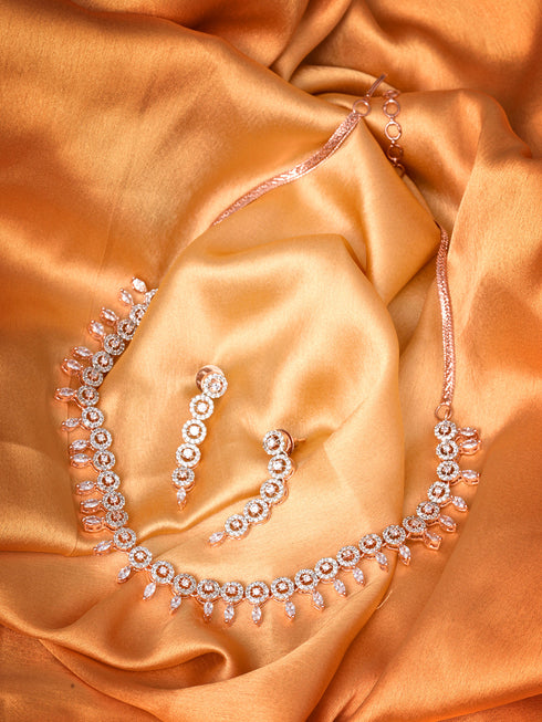 Rose Gold Plated White AD Studded Handcrafted Contemporary Jewellery Set Dropdown Earrings