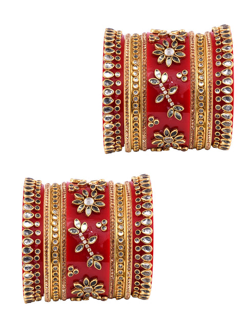 Set Of 2 GoldPlated Red & White KundanStudded Bangles