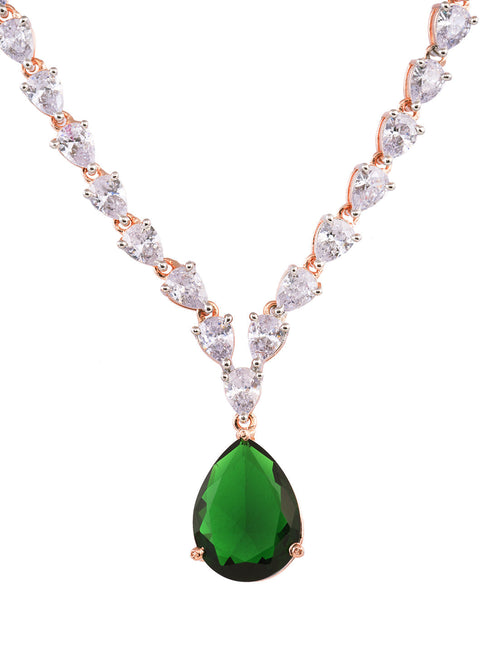 Rose Gold Toned Emerald Green AD Studded Designer Pendant Jewellery Set