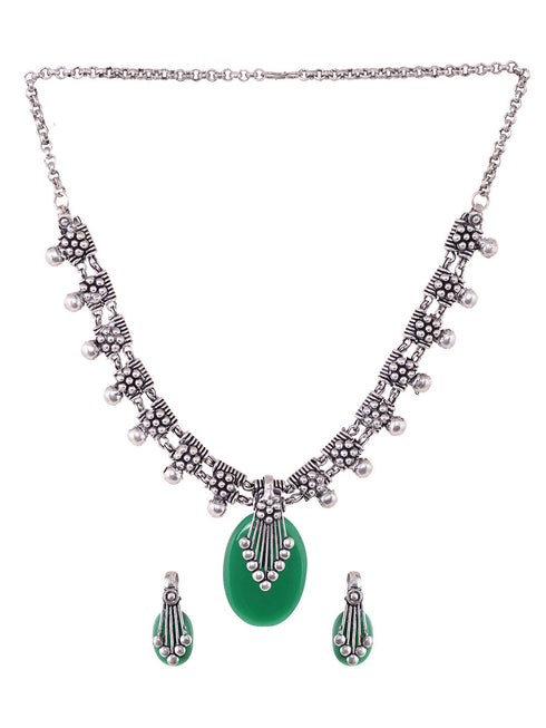 Oxidised Silver Plated Green stone studded Statement Necklace Jewellery Set