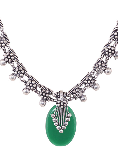 Oxidised Silver Plated Green stone studded Statement Necklace Jewellery Set