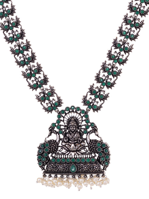 Oxidised Silver toned Green stone Studded Temple Necklace Jewellery Set