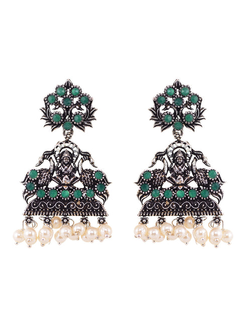 Oxidised Silver toned Green stone Studded Temple Necklace Jewellery Set