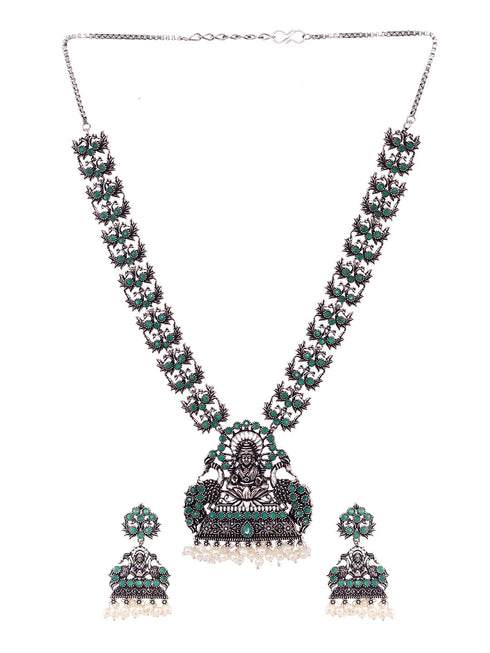 Oxidised Silver toned Green stone Studded Temple Necklace Jewellery Set