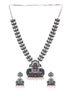 Oxidised Silver toned Green stone Studded Temple Necklace Jewellery Set