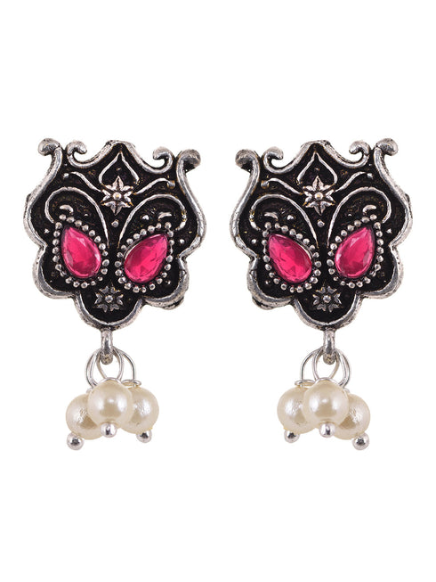 Oxidised Silver Plated Red stone Studded & Pearl Beaded Tribal Necklace Jewellery Set