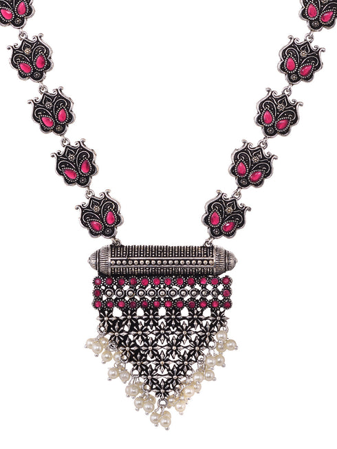 Oxidised Silver Plated Red stone Studded & Pearl Beaded Tribal Necklace Jewellery Set
