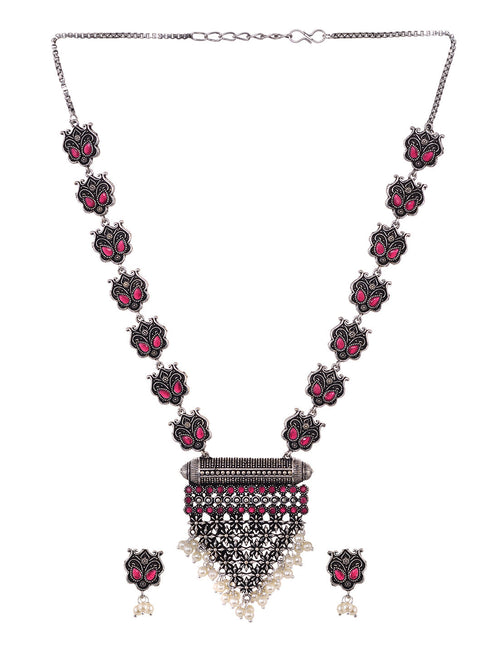 Oxidised Silver Plated Red stone Studded & Pearl Beaded Tribal Necklace Jewellery Set