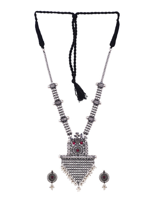 Oxidised Silver Toned Red Stone Studded & Beaded Designer Necklace Jewellery Set
