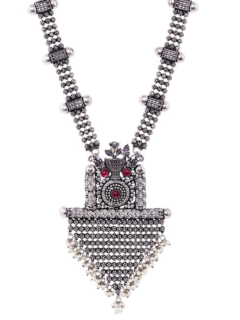 Oxidised Silver Toned Red Stone Studded & Beaded Designer Necklace Jewellery Set