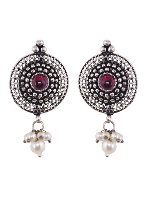 Oxidised Silver Toned Red Stone Studded & Beaded Designer Necklace Jewellery Set