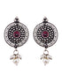 Oxidised Silver Toned Red Stone Studded & Beaded Designer Necklace Jewellery Set