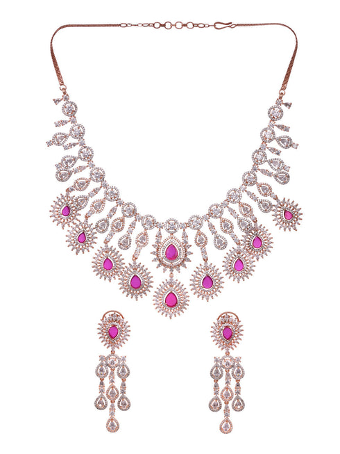 Rose Gold Toned Pink AD Studded Statement Necklace jewellery Set
