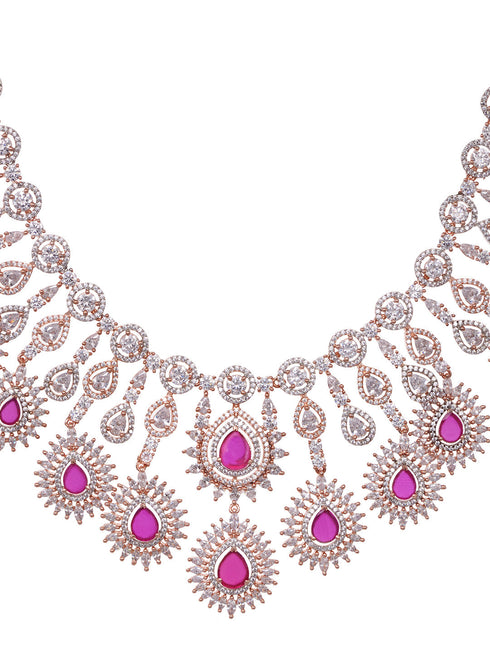 Rose Gold Toned Pink AD Studded Statement Necklace jewellery Set