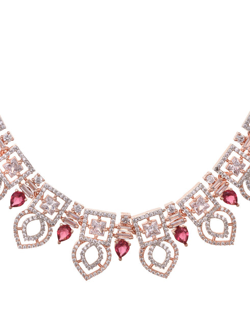 Rose Gold Toned Red AD Studded Necklace Jewellery Set