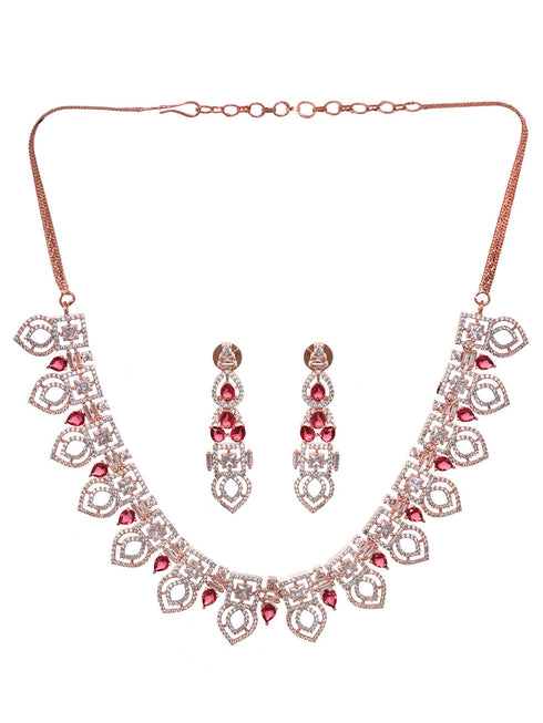 Rose Gold Toned Red AD Studded Necklace Jewellery Set