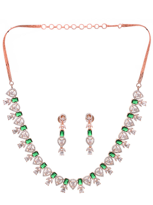 Rose Gold Plated Green AD Studded Floral Necklace Jewellery Set