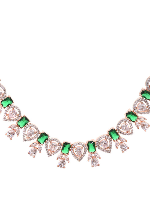 Rose Gold Plated Green AD Studded Floral Necklace Jewellery Set