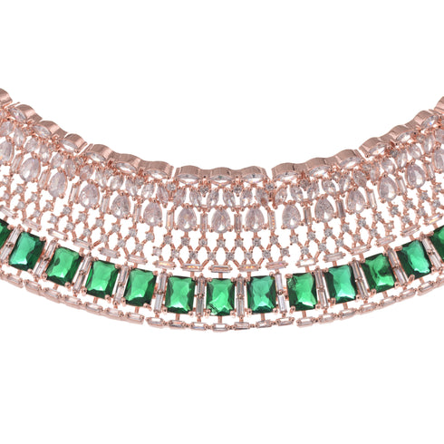 Rose Gold Plated Green AD Studded Bridal Choker Jewellery Set
