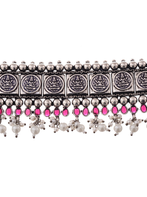 Oxidised Silver Plated Red stone studded Choker Necklace Jewellery Set