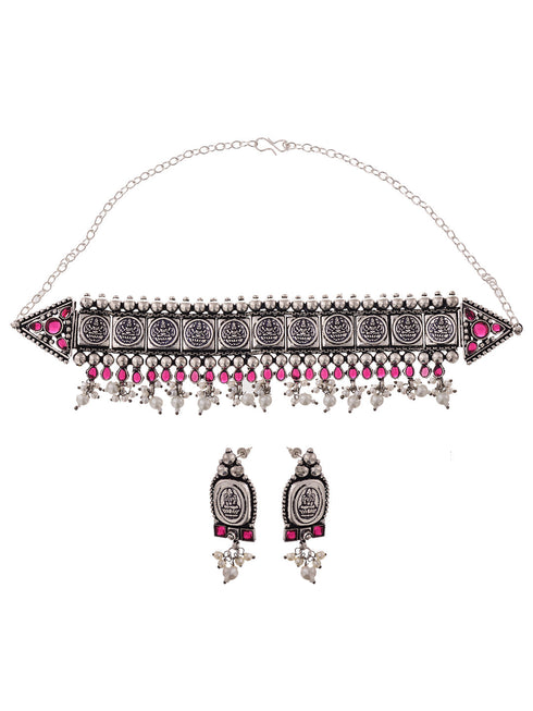 Oxidised Silver Plated Red stone studded Choker Necklace Jewellery Set