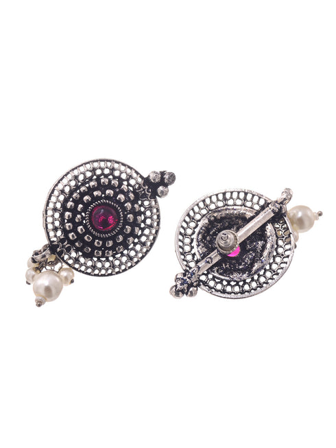 Oxidised Silver Toned Red Stone Studded & Beaded Designer Necklace Jewellery Set