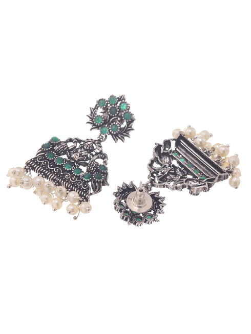 Oxidised Silver toned Green stone Studded Temple Necklace Jewellery Set