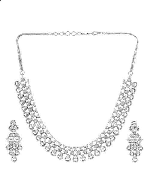 White Rhodium plated Unique Design AD studded Necklace Earrings Girls
