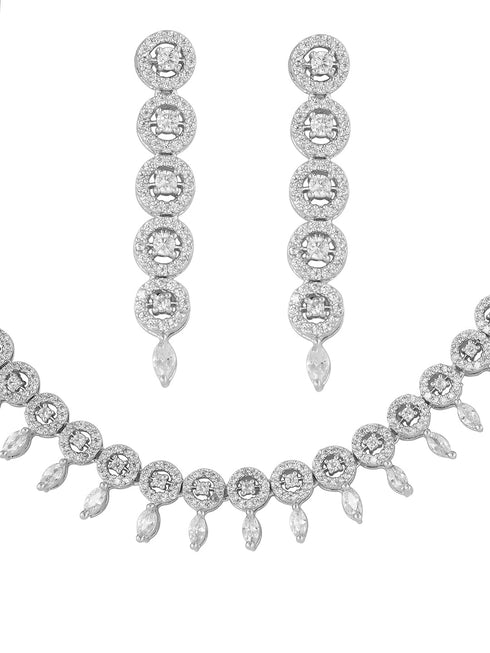 White Rhodium plated Unique Leaf Design AD studded Necklace Earrings for Women & Girls