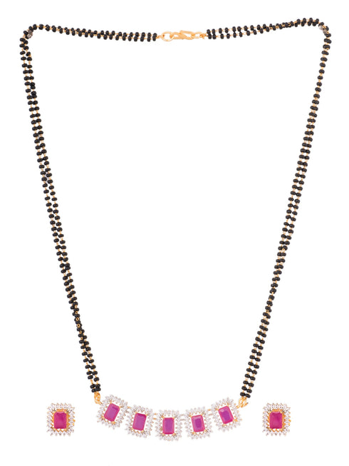 GOLD Plated Red AD Studded Black Beaded Mangalsutra Jewellery Set