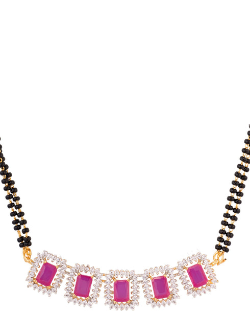 GOLD Plated Red AD Studded Black Beaded Mangalsutra Jewellery Set