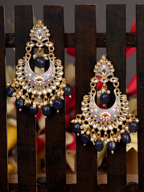 Gold Plated Grey Contemporary Chandbali Drop Earrings