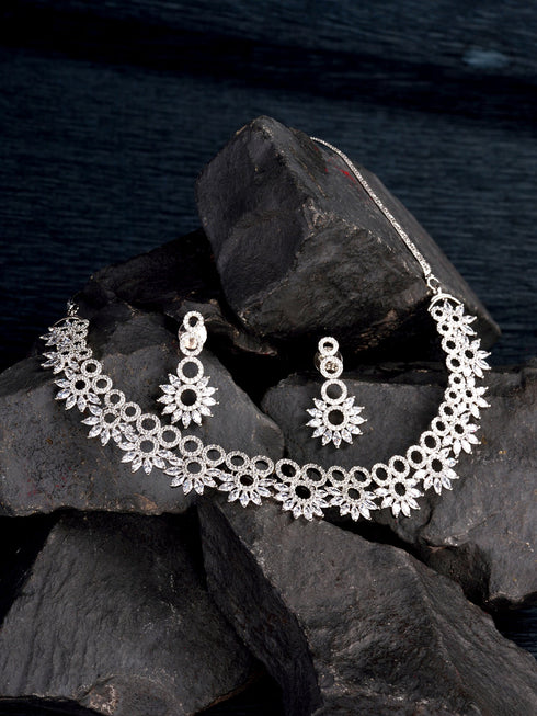 Silver Plated White AD studded Star Shaped Necklace Jewellery Set
