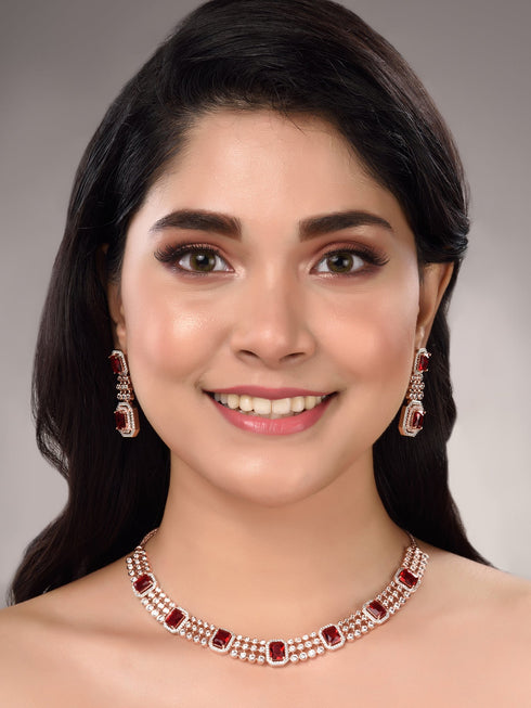 Rose Gold Plated White & Red AD Studded Contemporary Necklace Jewellery Set