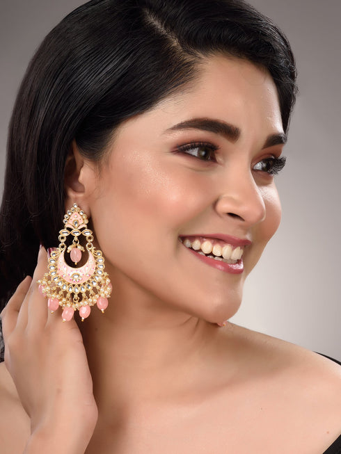 Gold Plated Pink Contemporary Chandbali Drop Earrings
