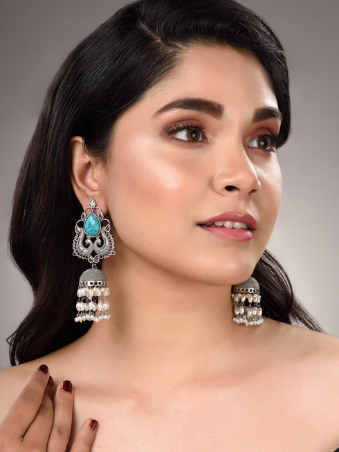 Turquoise Blue studded & beaded Oxidised Jhumka Earrings