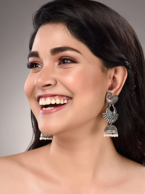 Silver Tonned Peacock design Oxidised Jhumka Earrings