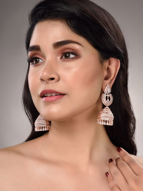 Rose Gold Plated White AD Studded Lightweight Jhumka Earrings
