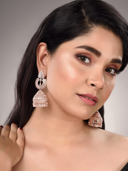 Rose Gold Plated White AD Studded Lightweight Jhumka Earrings