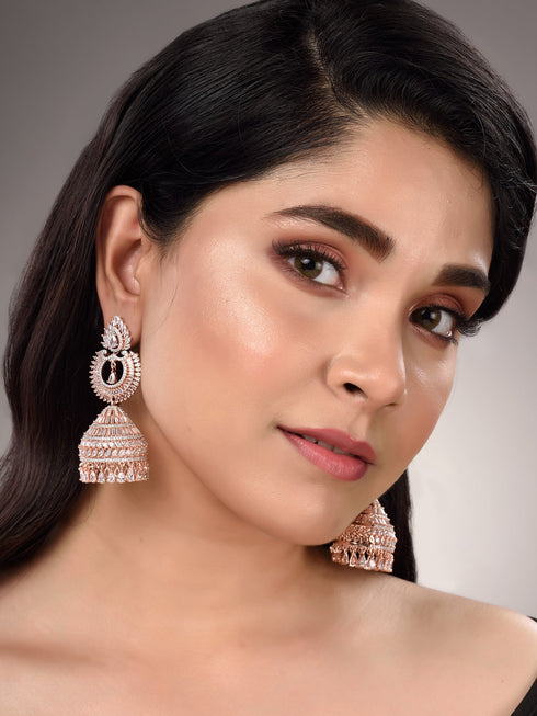 Rose Gold Plated White AD Studded Lightweight Jhumka Earrings