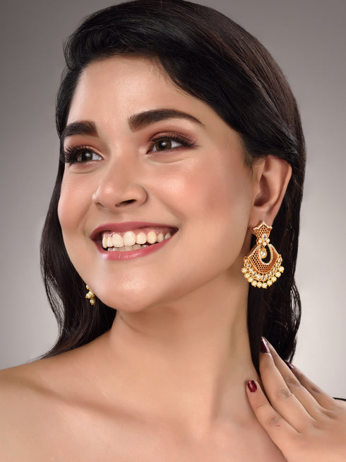 Rose Gold Plated AD Studded Modern Chandbali Pearl Drop Earrings
