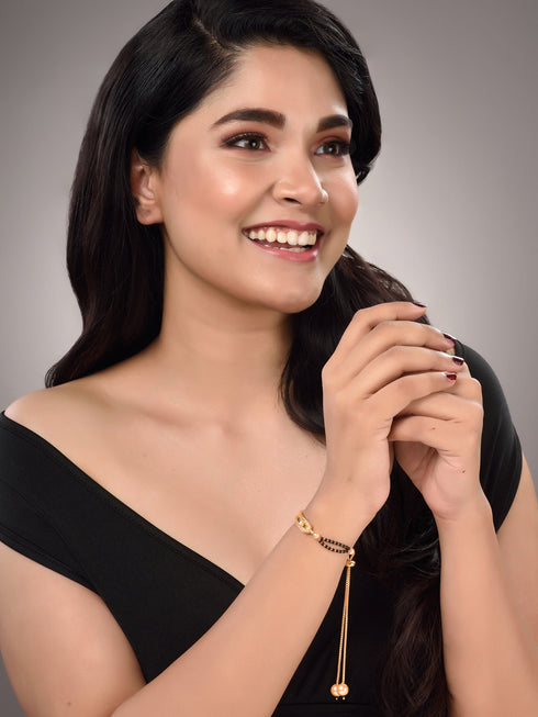 Gold Plated White AD Studded Black Beaded adjustable Mangalsutra Bracelet