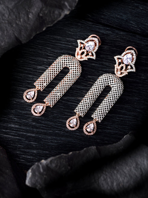 Rose Gold Plated White AD stdded Long Designer Dropdown Earrings