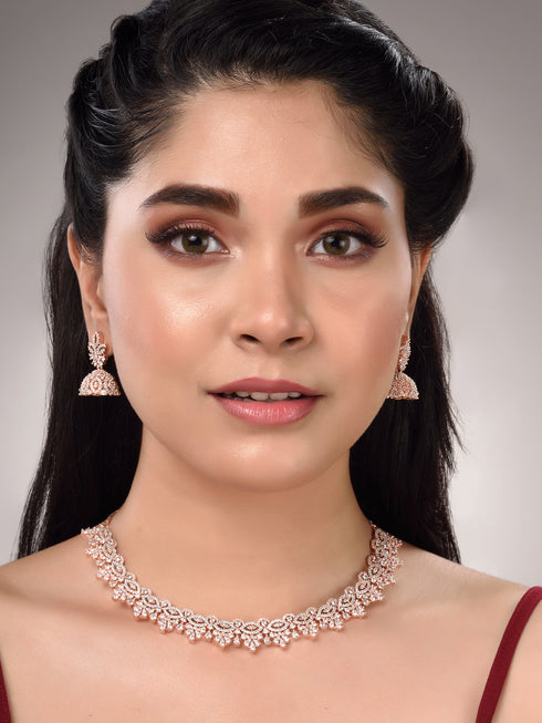 Rose Gold Plated White AD Studded Necklace Jhumka Jewellery Set