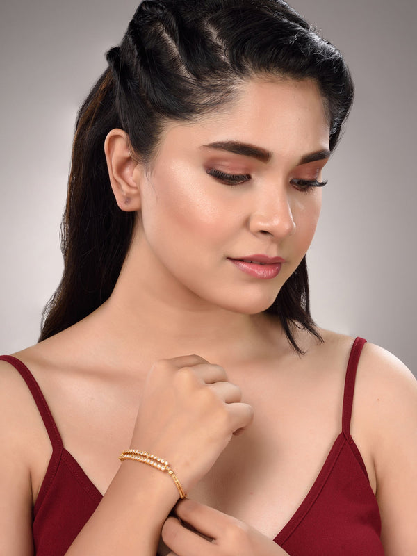 Gold Toned & White AD Studded Wraparound Adjustable Bracelet