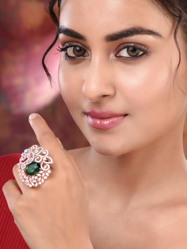 Rose Gold Plated Green AD Encrusted Quirky Floral Finger Ring