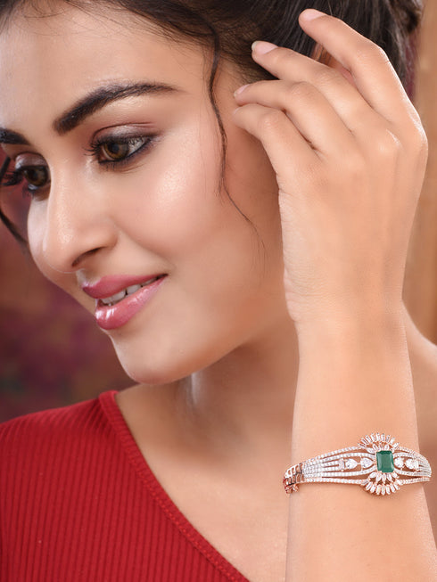 Rose Gold Toned Green AD Encrusted Statement Kada Bracelet