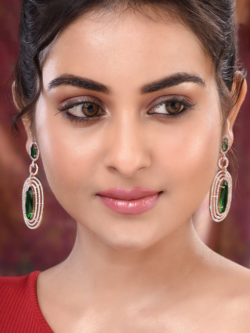 Rose Gold Plated Green AD Studded Oval Statement Earrings