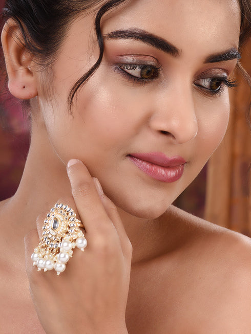 Gold Toned White Kundan Studded & Pearl Beaded Ring