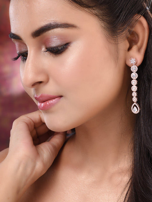 Rose Gold Plated White AD Studded Long Dangler Earrings